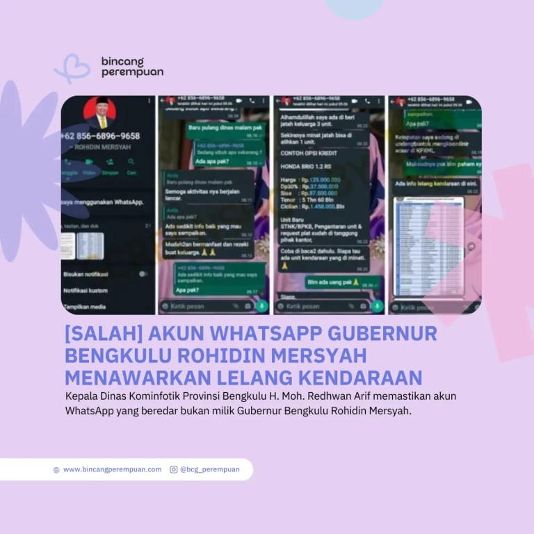 [SALAH] Akun WhatsApp Gubernur Bengkulu Rohidin Mersyah Menawarkan Lelang Kendaraan